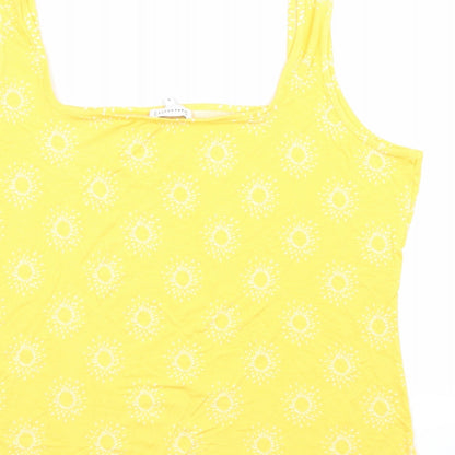 Brand and care label for Warehouse women’s yellow geometric basic tank, size UK 18