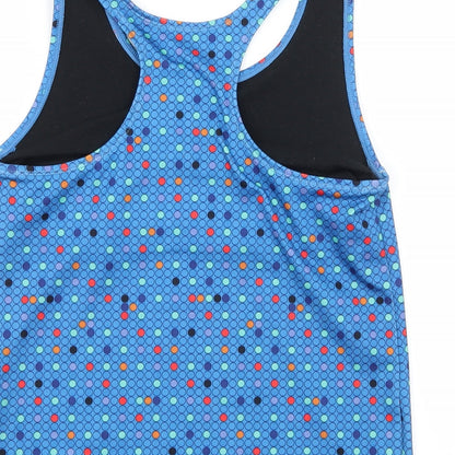 Brand and care label for Danskin women’s blue polka dot jersey basic tank, size L
