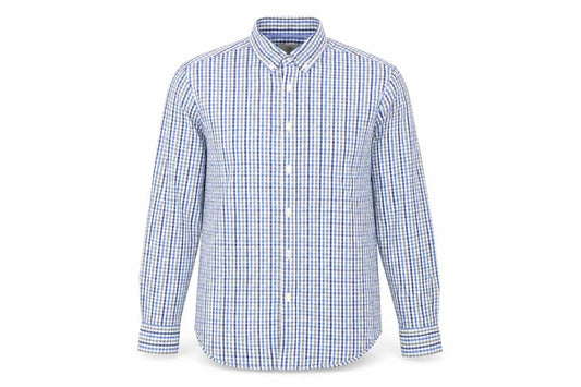 Front view of Marks & Spencer men’s blue check button-up, size S