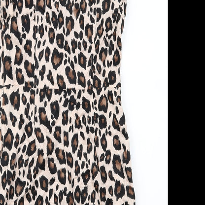 Brand and care label for Miss Selfridge women’s brown animal print shift, size UK 10