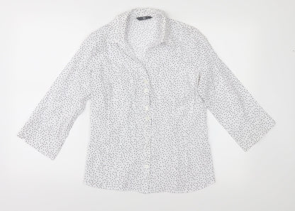 Additional front view of BHS women’s white polka dot basic button-up, size UK 10