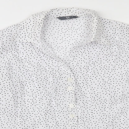 Close-up detail of BHS women’s white polka dot basic button-up, size UK 10
