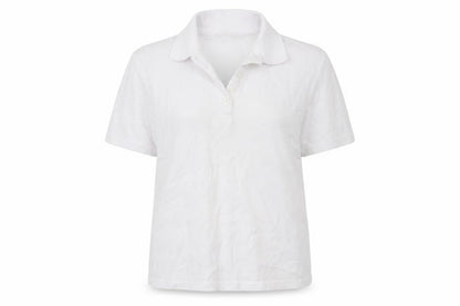 Front view of EWM women’s white basic polo, size S
