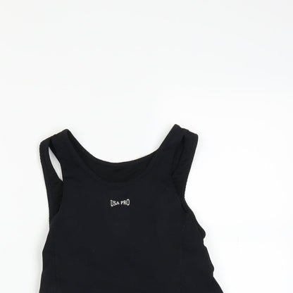 Close-up detail of USA Pro women’s black jersey tank, size UK 8