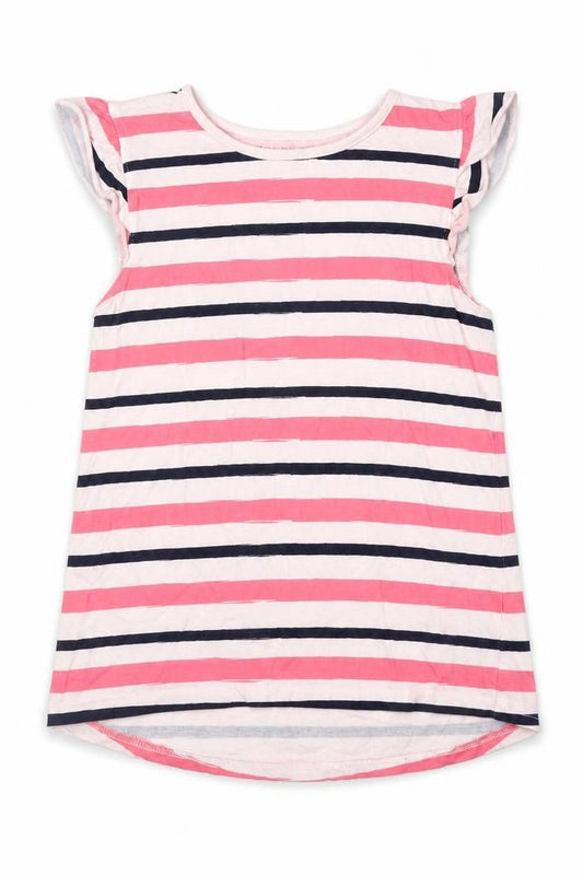 Front view of Nutmeg girls’ pink striped tunic t-shirt, size 10, years
