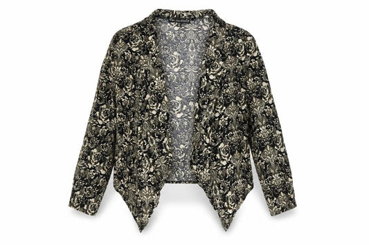 Front view of Mela Loves London women’s multicoloured floral cardigan jumper, size UK 10
