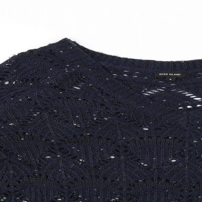 Close-up detail of River Island women’s blue jumper, size UK 8