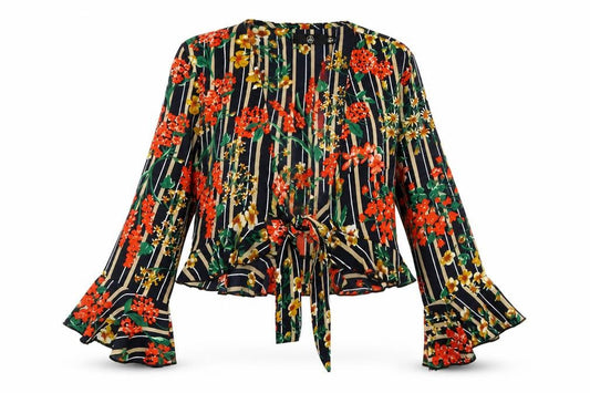 Front view of Missguided women’s red floral cardigan jumper, size UK 6