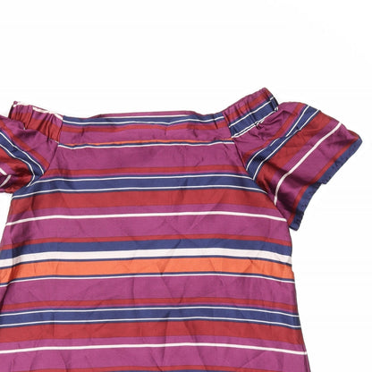 Close-up detail of New Look women’s purple striped shift, size UK 10