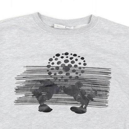 Close-up detail of Primark women’s grey pullover sweatshirt, size UK 6, - mickey and minnie