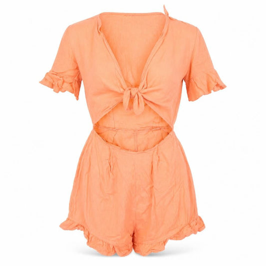 Front view of ASOS women’s pink playsuit one-piece, size UK 2, 26-inch leg