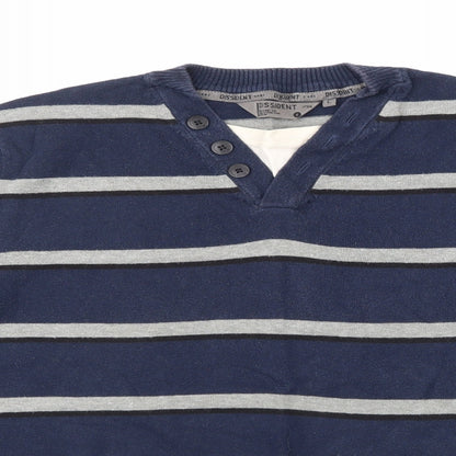 Close-up detail of Dissident men’s blue striped jumper, size L