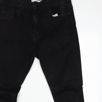 Close-up detail of Easy Denim women’s black straight jeans, size UK 38, 30-inch leg