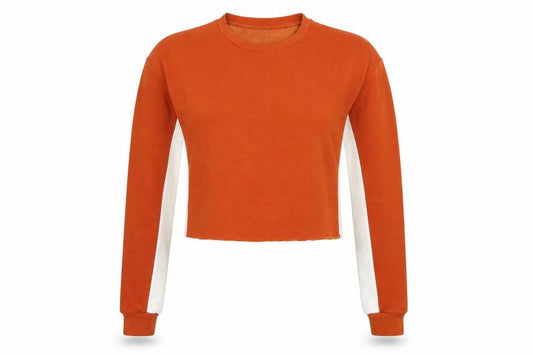 Front view of Boohoo women’s orange striped jumper, size UK 8