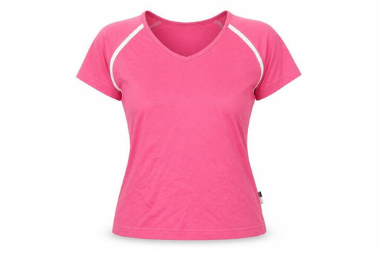 Front view of gym issue women’s pink basic t-shirt, size UK 12