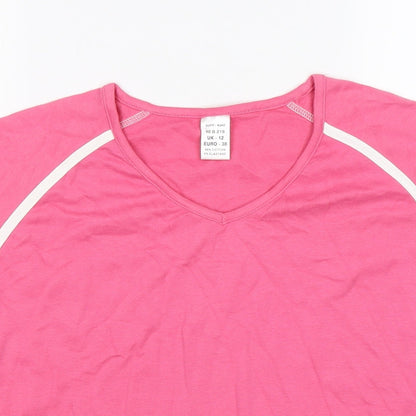 Close-up detail of gym issue women’s pink basic t-shirt, size UK 12