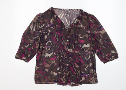 Additional front view of Per Una women’s purple floral chiffon basic blouse, size UK 12, - ruffle front
