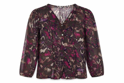 Front view of Per Una women’s purple floral chiffon basic blouse, size UK 12, - ruffle front