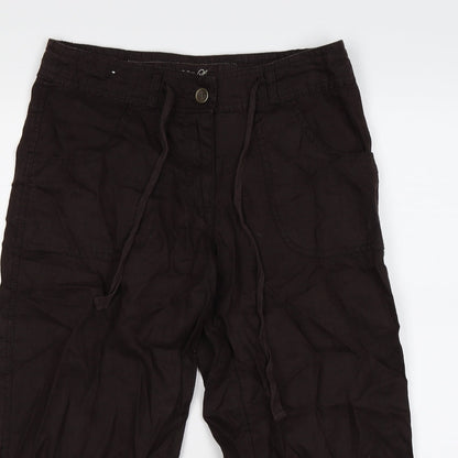 Close-up detail of denim co women’s brown cropped trousers, size UK 8, 20-inch leg