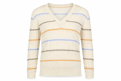 Front view of Marks & Spencer women’s beige striped knit jumper, size S