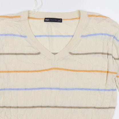 Close-up detail of Marks & Spencer women’s beige striped knit jumper, size S