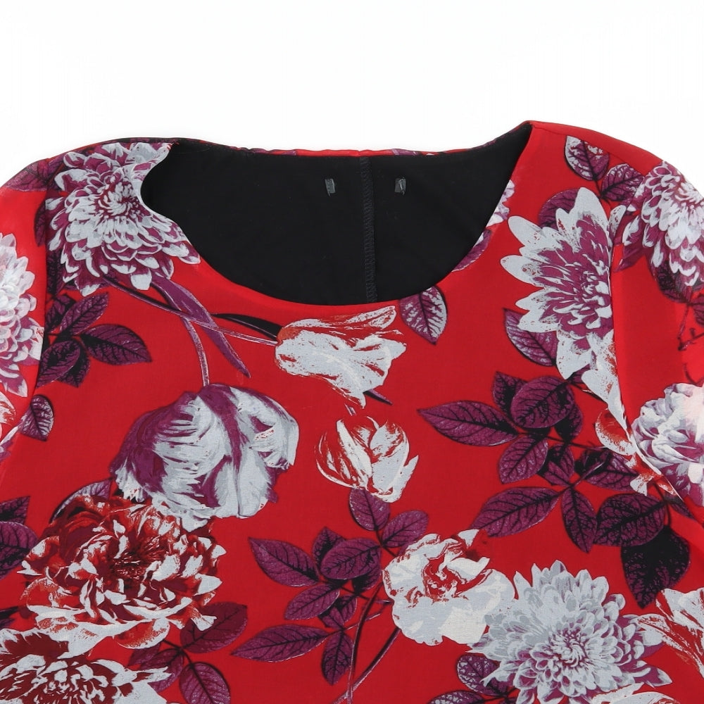 Preworn Womens Red Floral Chiffon Basic Blouse Size 18
