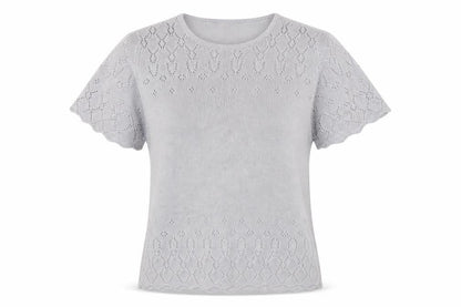 Front view of EWM women’s silver knit jumper, size UK 14