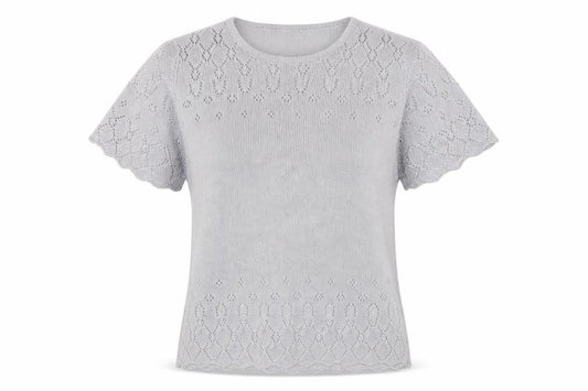 Front view of EWM women’s silver knit jumper, size UK 14