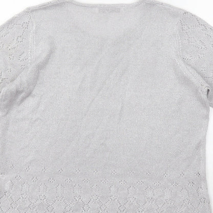 Brand and care label for EWM women’s silver knit jumper, size UK 14