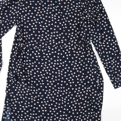 Brand and care label for Brave Soul women’s blue basic button-up, size S