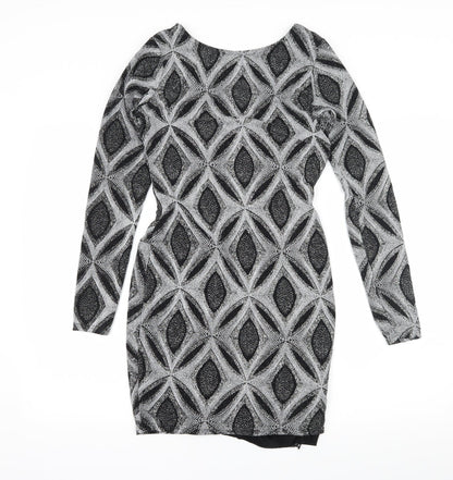 Additional front view of women’s black geometric bodycon, size UK 10, - low back
