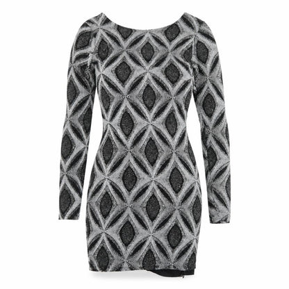 Front view of women’s black geometric bodycon, size UK 10, - low back