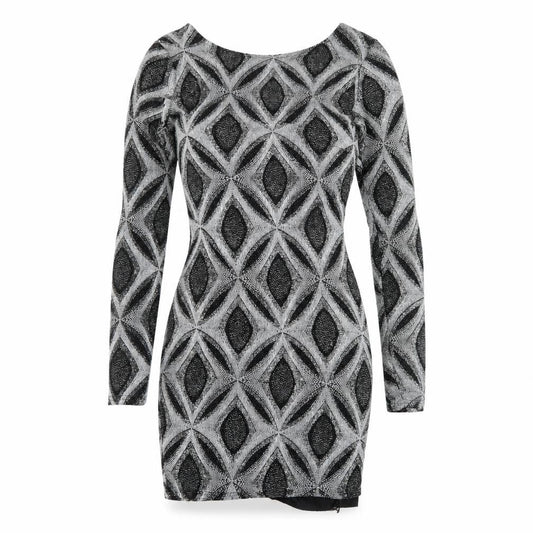 Front view of women’s black geometric bodycon, size UK 10, - low back