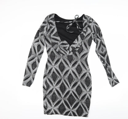 Back view of women’s black geometric bodycon, size UK 10, - low back