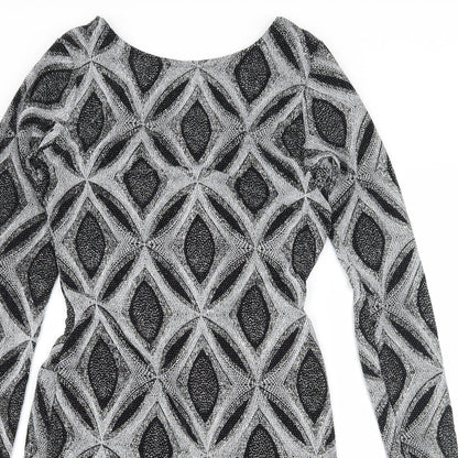 Close-up detail of women’s black geometric bodycon, size UK 10, - low back