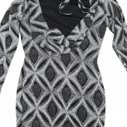 Brand and care label for women’s black geometric bodycon, size UK 10, - low back