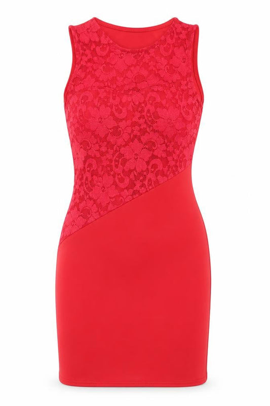 Front view of Boohoo women’s red jersey bodycon, size UK 8