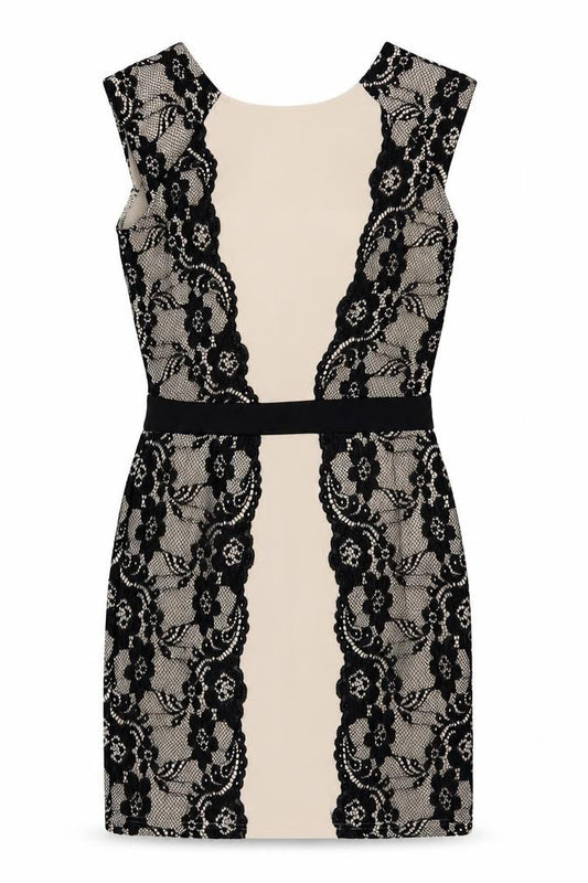 Front view of Boohoo women’s ivory bodycon, size UK 8, - lace detail