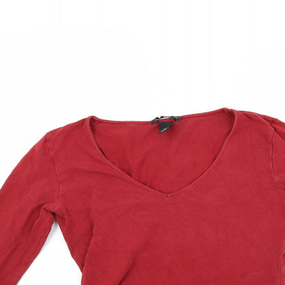 Close-up detail of H&M women’s red pullover sweatshirt, size S