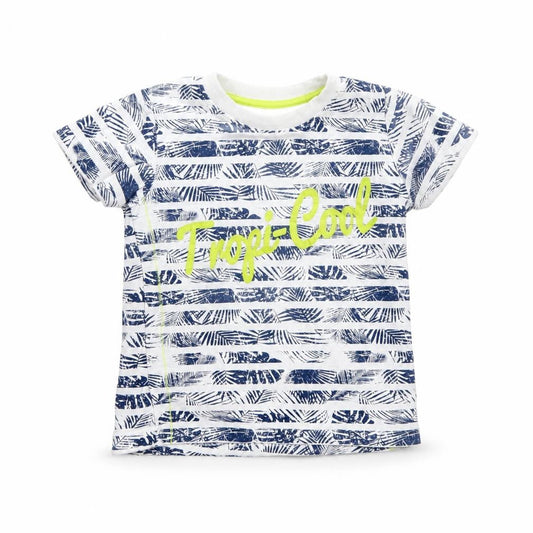 Front view of Matalan boys’ white striped basic t-shirt, size 2-3, years