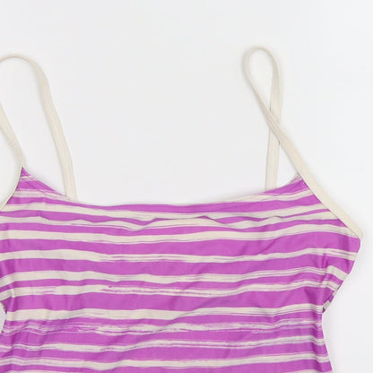 Close-up detail of Marks & Spencer women’s purple striped basic tank, size UK 12