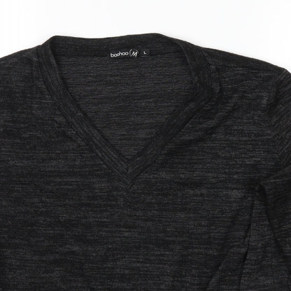 Close-up detail of Boohoo women’s grey jersey blouse, size L