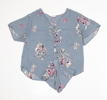 Additional front view of Urban Romantics women’s blue floral basic blouse, size L