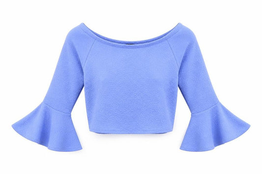 Front view of Kiah women’s blue cropped t-shirt, size UK 14