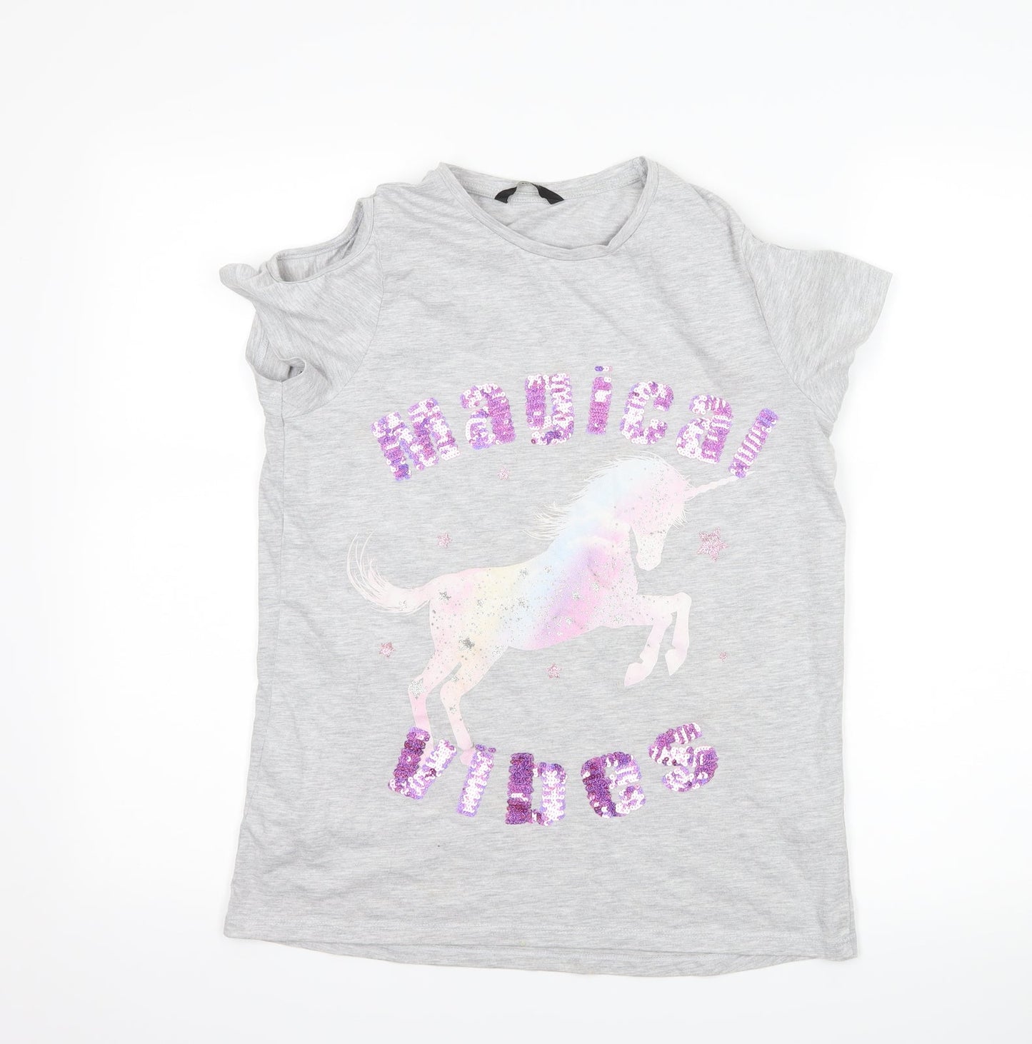 George Girls Grey   Basic T-Shirt Size 13-14 Years  - Unicorn cut out shoulders