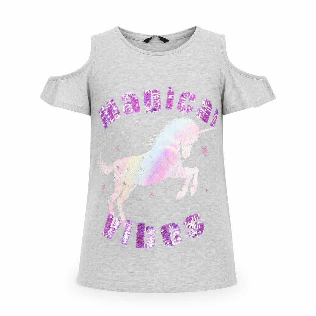 George Girls Grey   Basic T-Shirt Size 13-14 Years  - Unicorn cut out shoulders