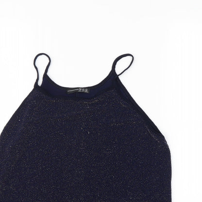 Close-up detail of Atmosphere women’s blue basic tank, size UK 10