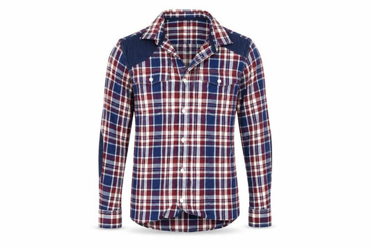 Front view of Goodsouls men’s blue check button-up, size M