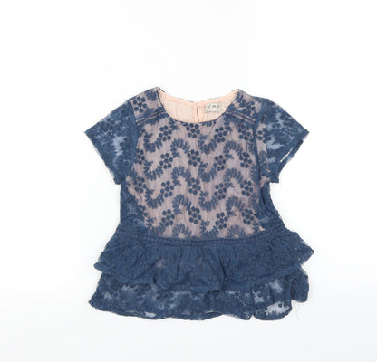 Additional front view of Next girls’ blue floral basic blouse, size 7, years - embroidered floral layer