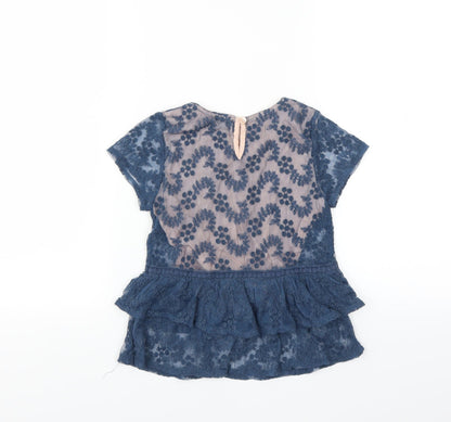 Back view of Next girls’ blue floral basic blouse, size 7, years - embroidered floral layer